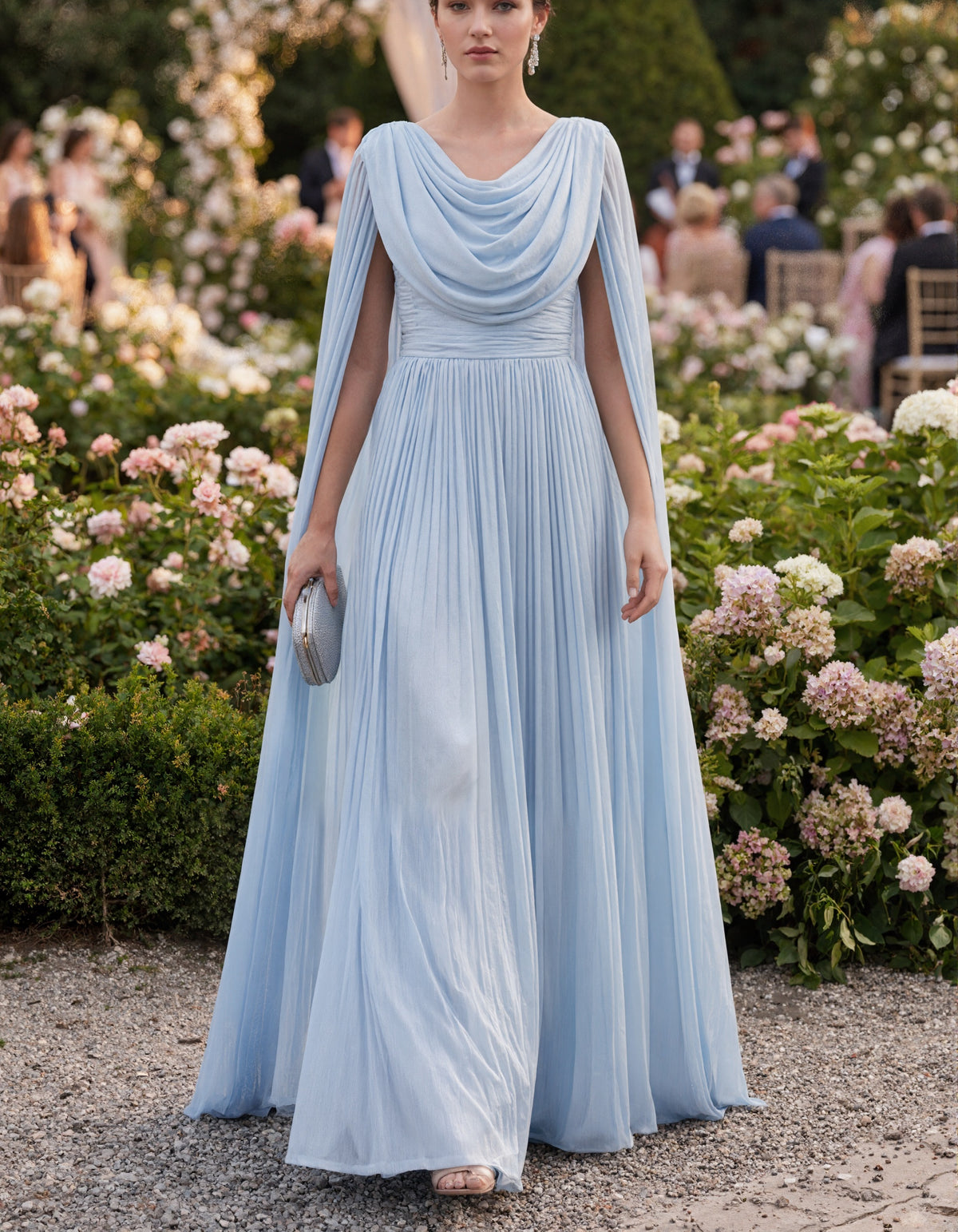Light Blue Draped Shawl Sleeve Chiffon Maxi Dress