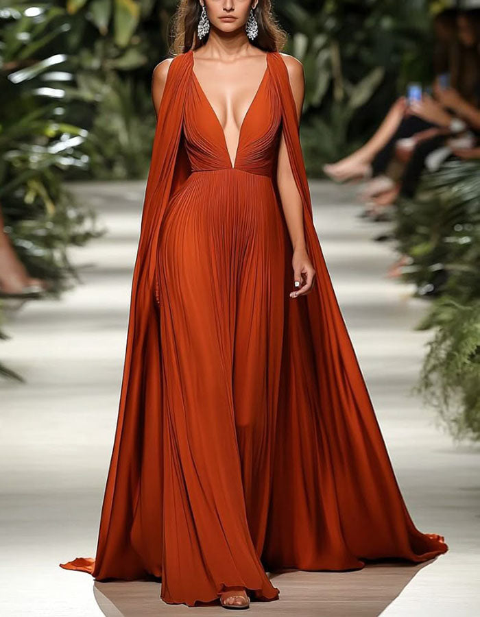 Orange Deep V-Neck Shawl Sleeves With Pleated Chiffon Maxi Dress