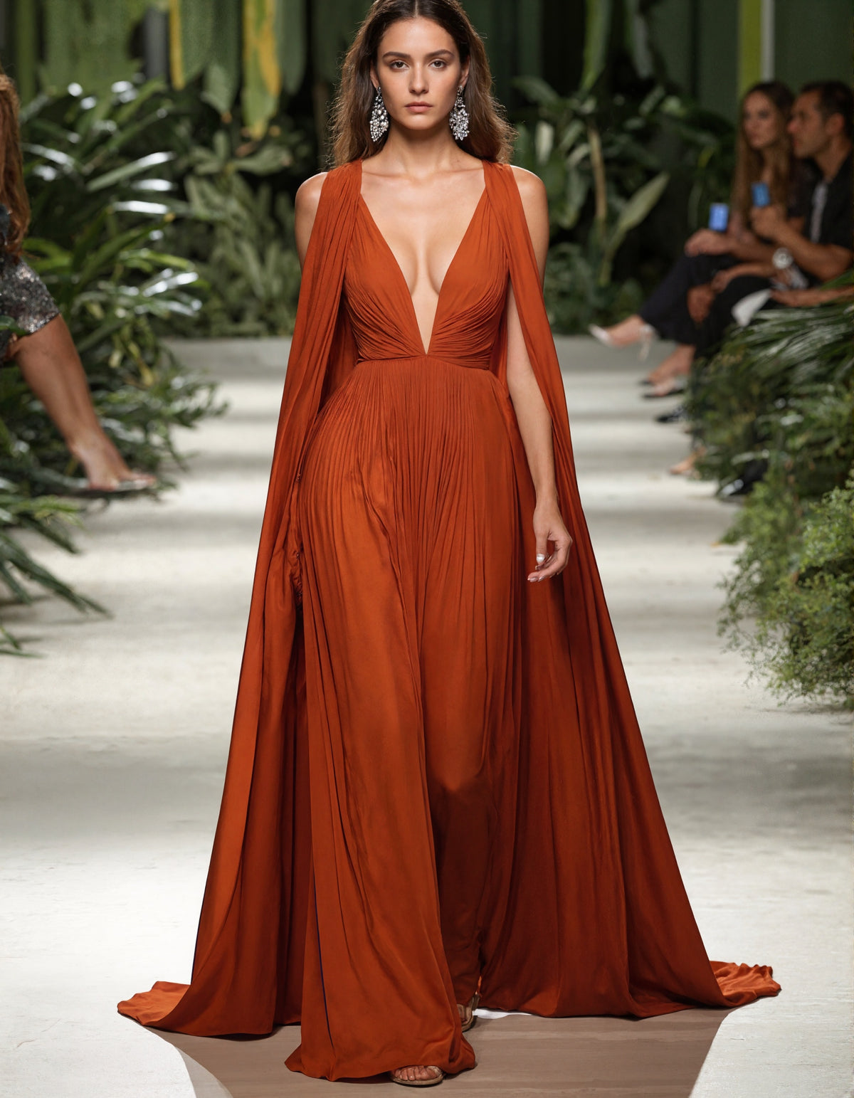 Orange Deep V-Neck Shawl Sleeves With Pleated Chiffon Maxi Dress