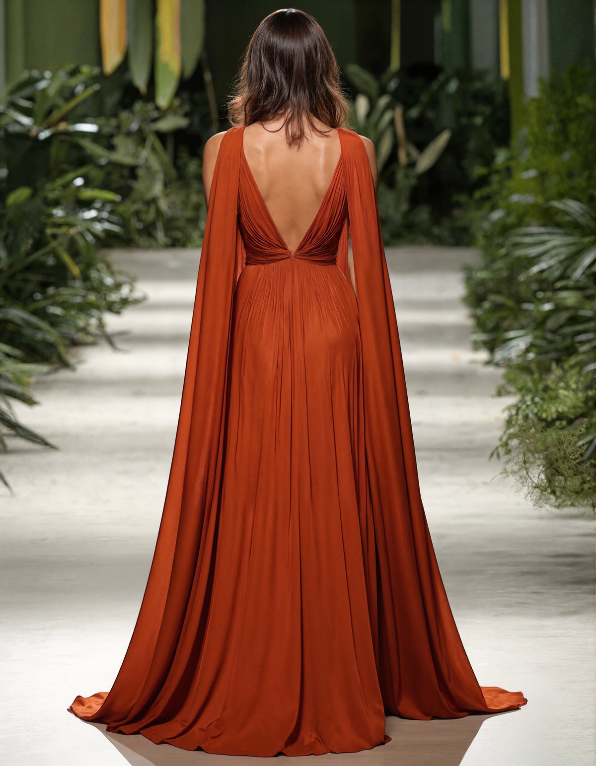 Orange Deep V-Neck Shawl Sleeves With Pleated Chiffon Maxi Dress
