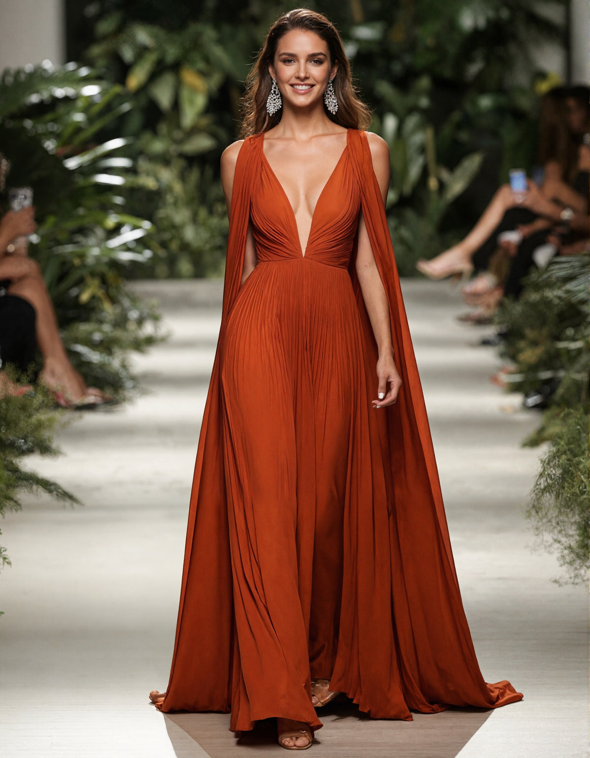Orange Deep V-Neck Shawl Sleeves With Pleated Chiffon Maxi Dress