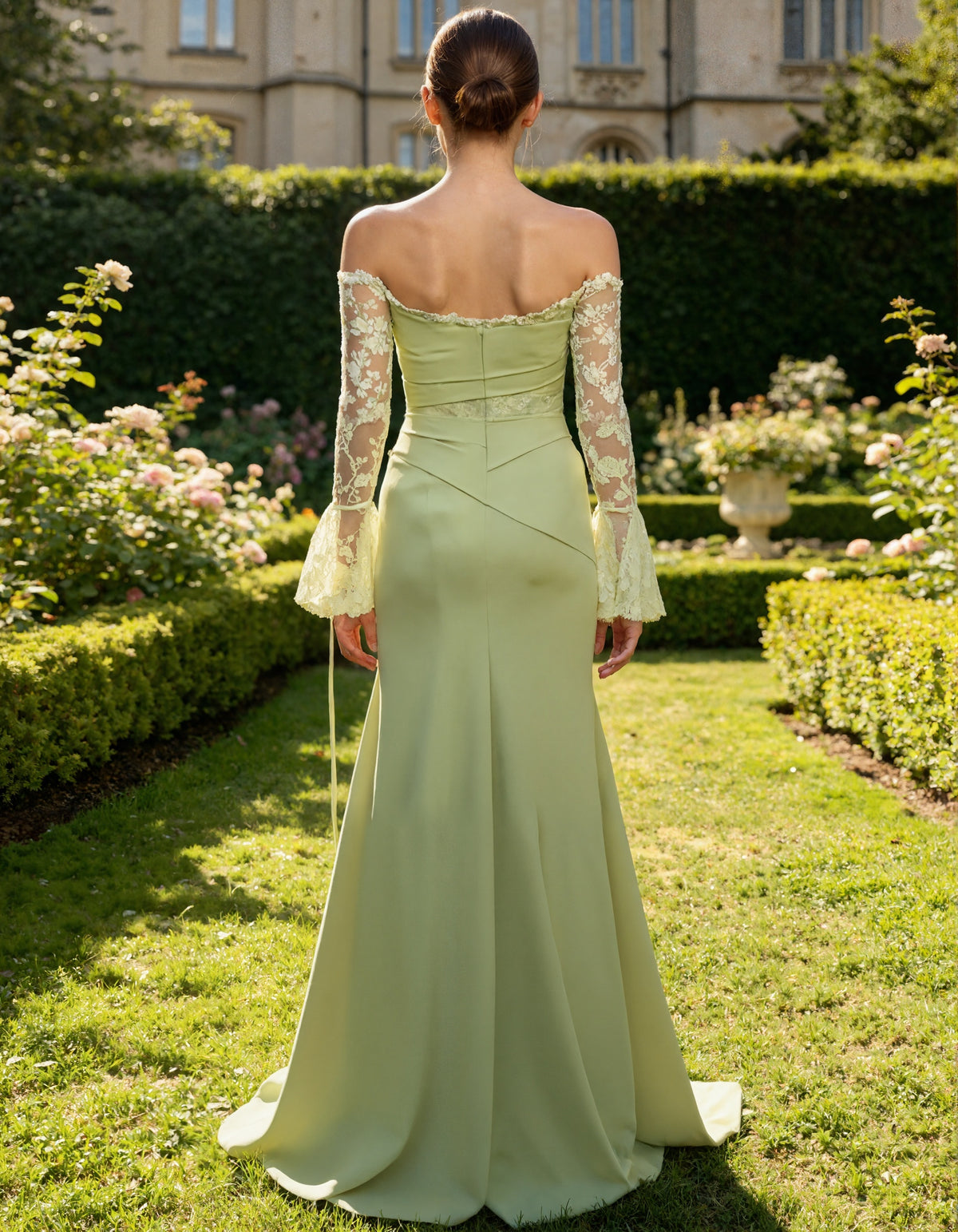 Sage Green Off Shoulder Flared Lace Sleeves Maxi Dress