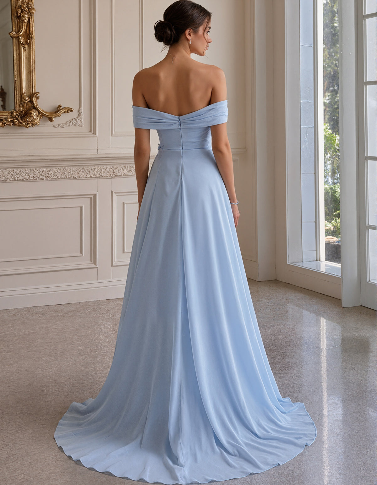 Sky Blue Off Shoulder Chiffon Maxi Dress