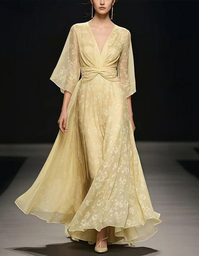Pale Yellow Printed Deep V-Neck Bell Sleeve Chiffon Maxi Dress