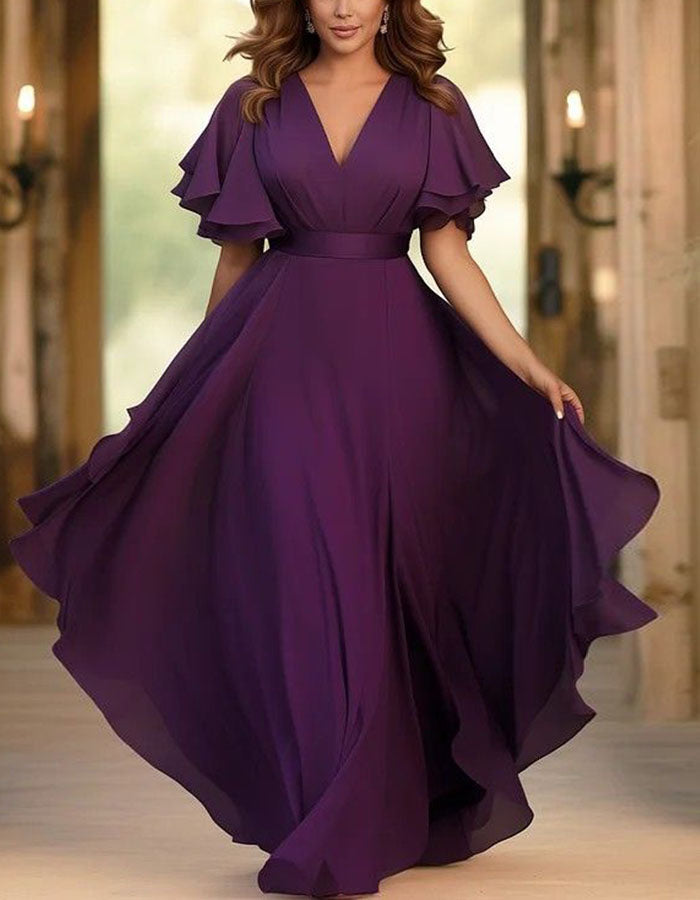 Purple V-Neck Double Layered Ruffled Short Sleeved Chiffon Maxi Dress