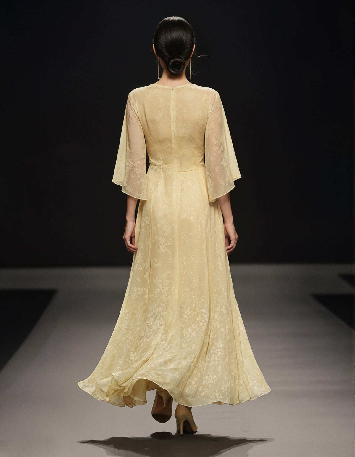 Pale Yellow Printed Deep V-Neck Bell Sleeve Chiffon Maxi Dress