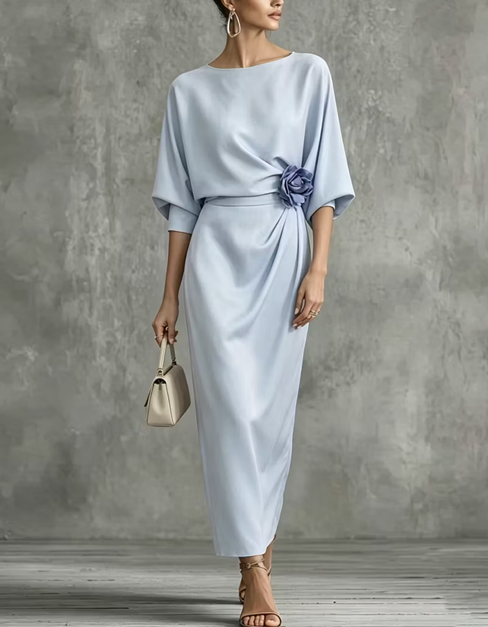 Light Blue Boat-neck Midi Dress