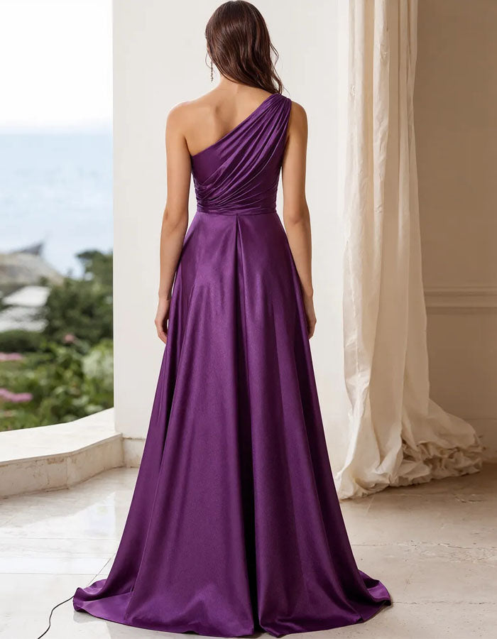 Purple One Shoulder Satin Maxi Dress