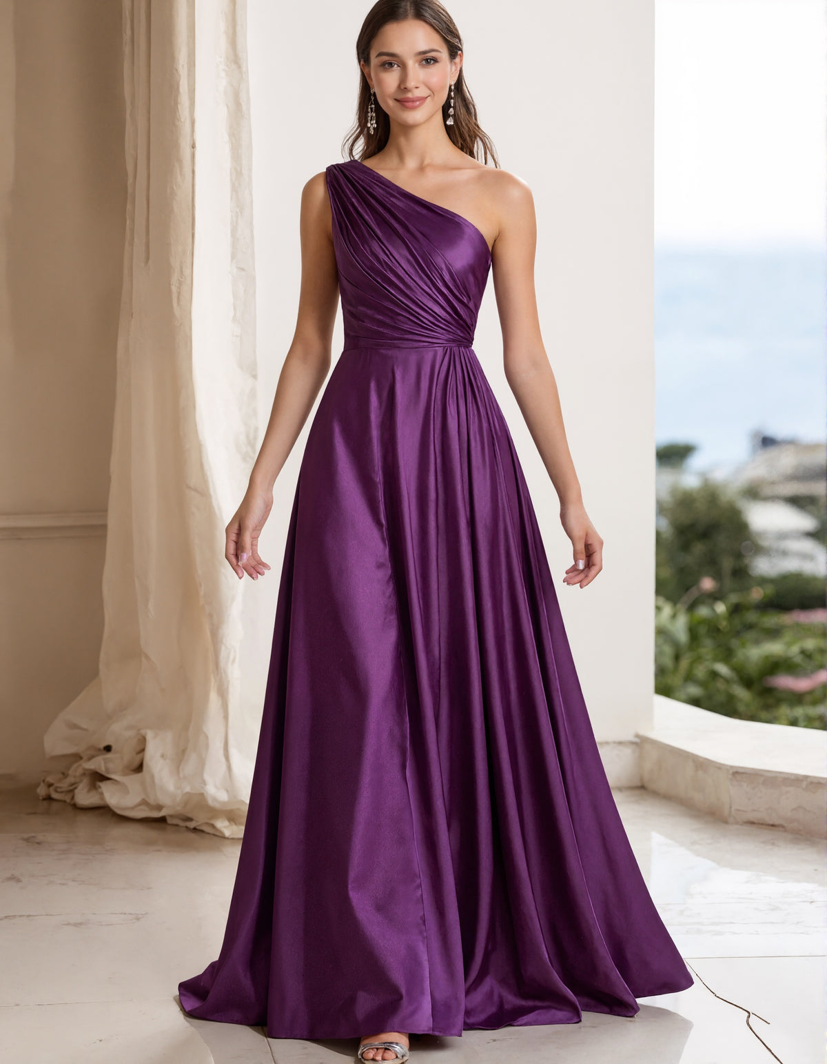 Vestido maxi de satén morado con un solo hombro