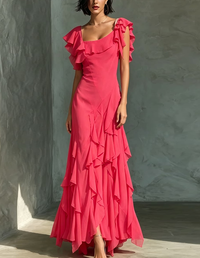 Vibrant Bright Pink Square-neck Chiffon Maxi Dress