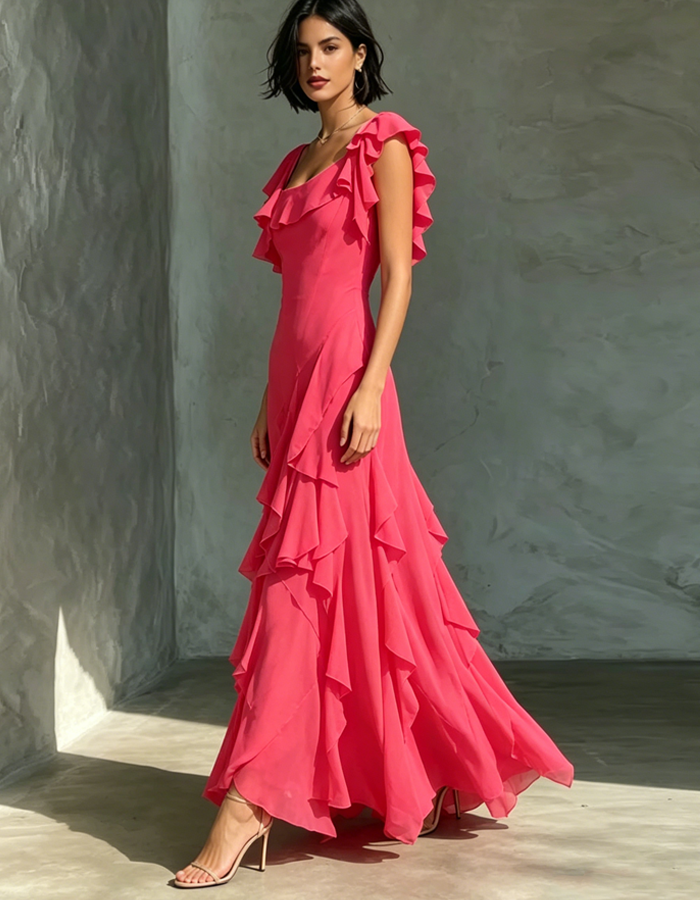 Vibrant Bright Pink Square-neck Chiffon Maxi Dress