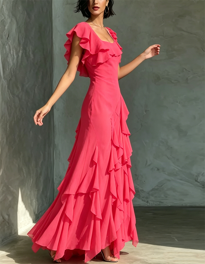 Vibrant Bright Pink Square-neck Chiffon Maxi Dress