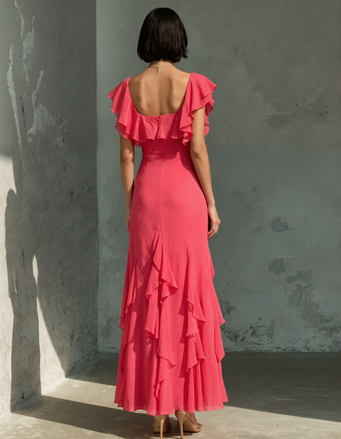 Vibrant Bright Pink Square-neck Chiffon Maxi Dress
