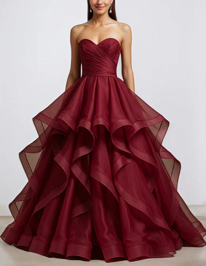Burgundy Strapless Ruffled Organza Maxi Dress