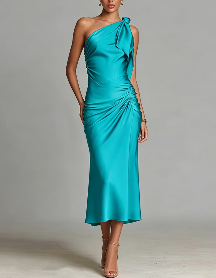 Multi-colored One-shoulder Satin Pleated Midi Dress