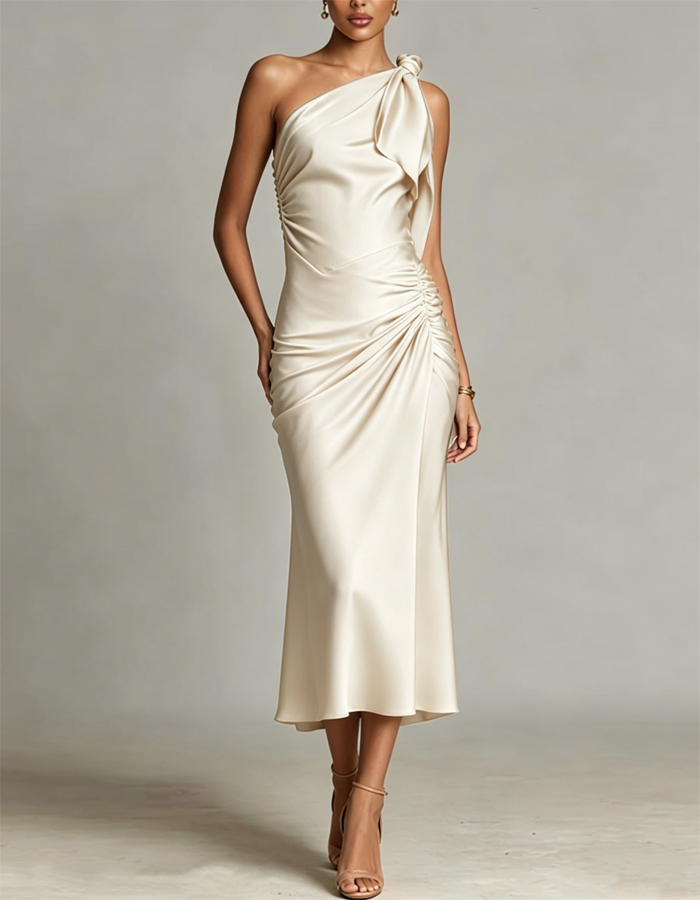 Multi-colored One-shoulder Satin Pleated Midi Dress