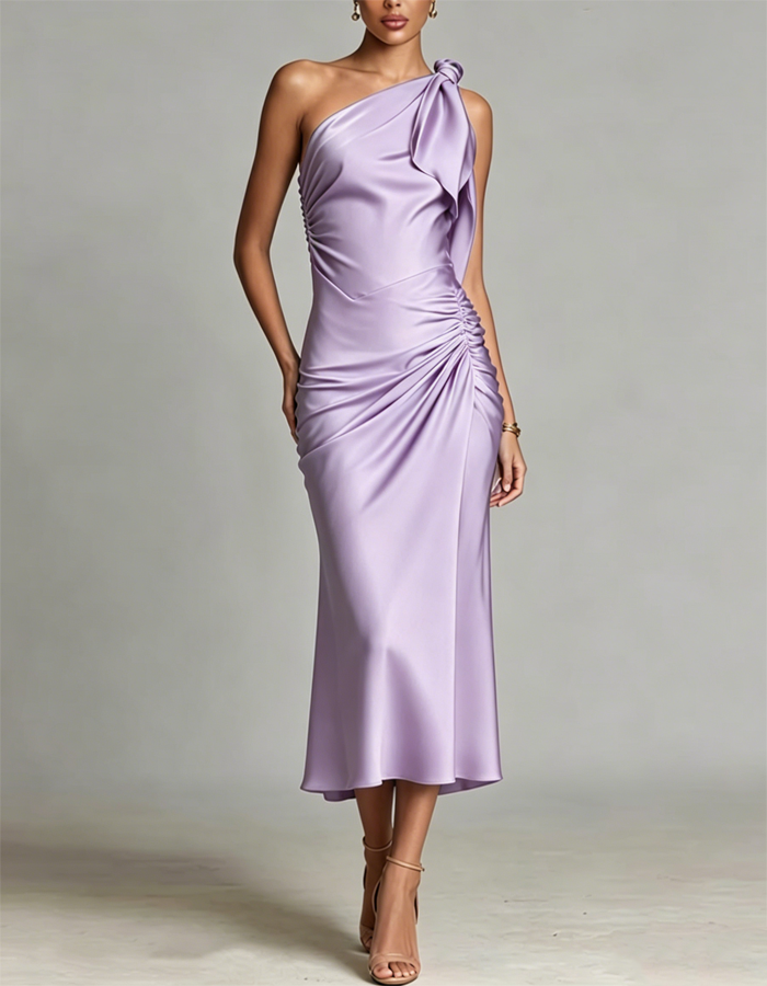 Multi-colored One-shoulder Satin Pleated Midi Dress