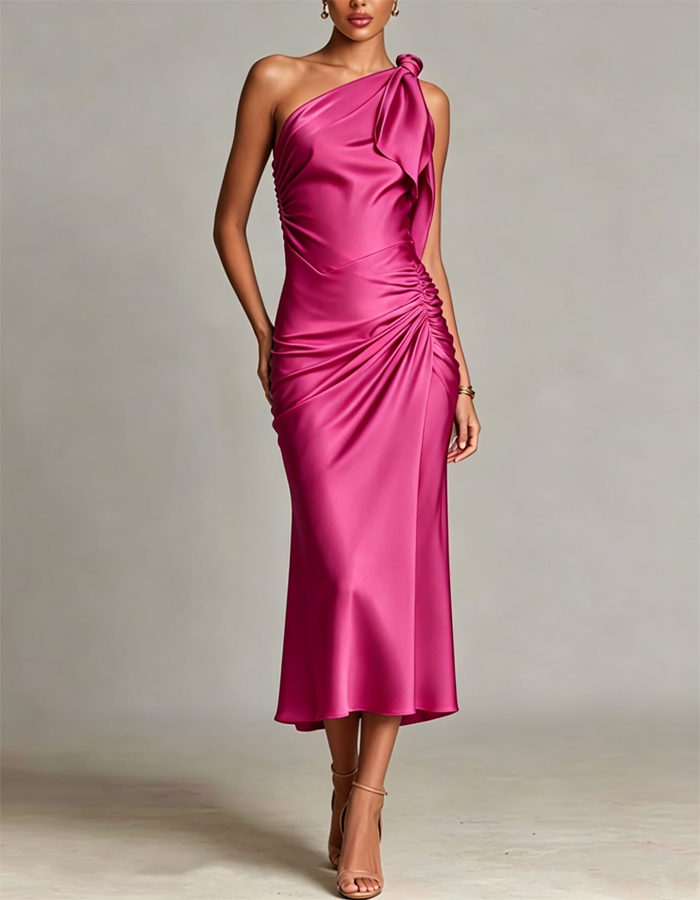 Multi-colored One-shoulder Satin Pleated Midi Dress