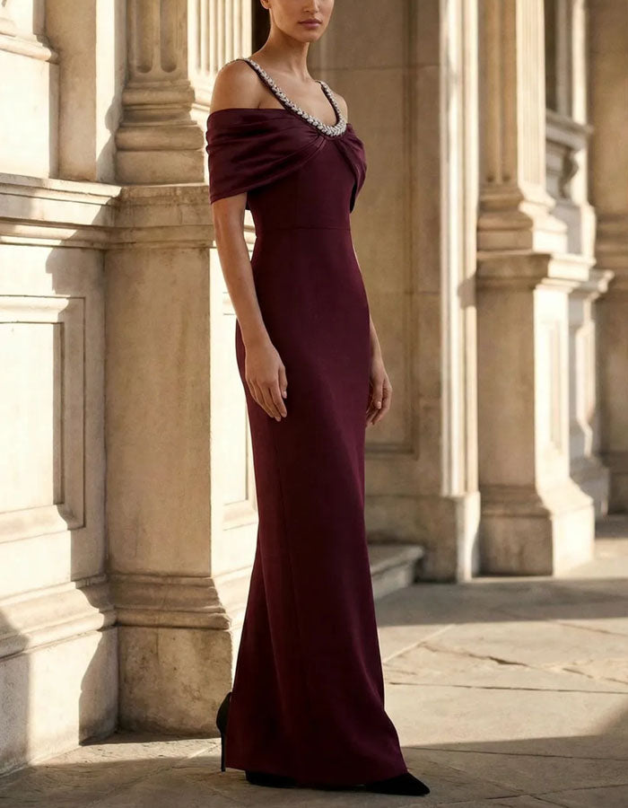Burgundy Sequined Off Shoulder Twist Fitted Body Maxi Dress