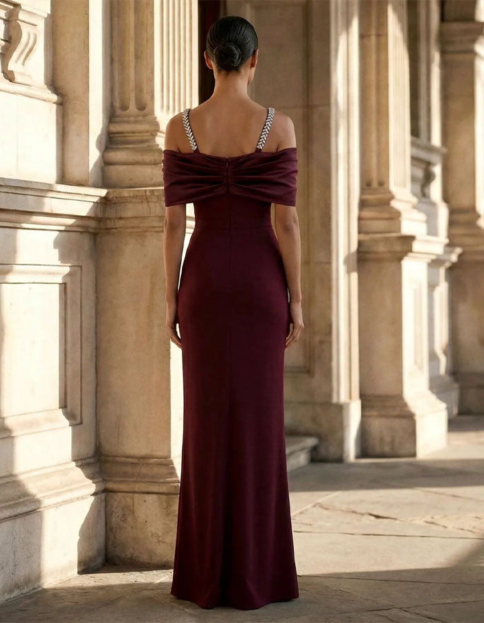 Burgundy Sequined Off Shoulder Twist Fitted Body Maxi Dress