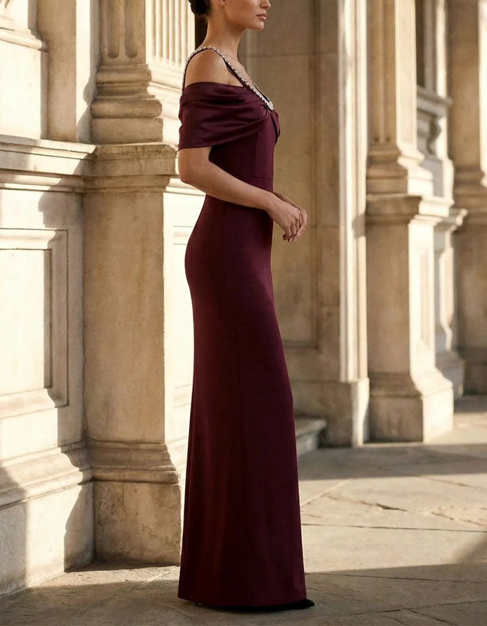 Burgundy Sequined Off Shoulder Twist Fitted Body Maxi Dress