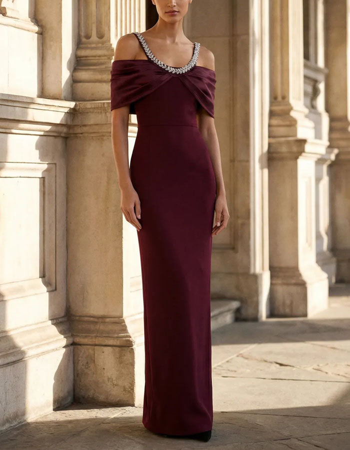 Burgundy Sequined Off Shoulder Twist Fitted Body Maxi Dress