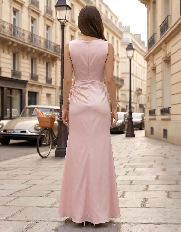 Pink Sleeveless 3d Floral High Slit Satin Maxi Dress