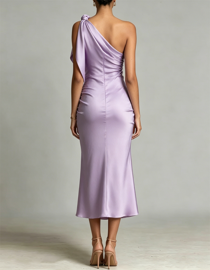Multi-colored One-shoulder Satin Pleated Midi Dress
