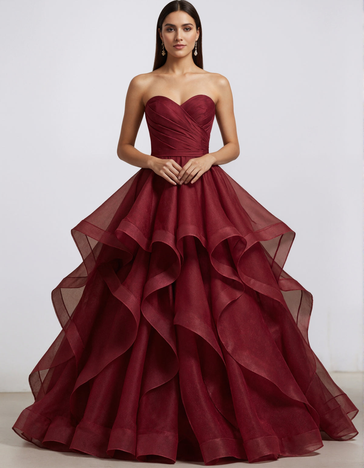 Burgundy Strapless Ruffled Organza Maxi Dress
