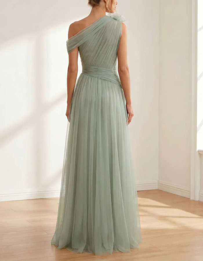 Sage Green One-Shoulder 3D Floral Tulle Maxi Dress