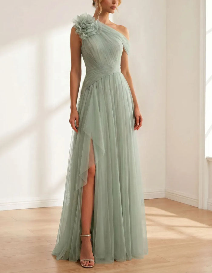 Sage Green One-Shoulder 3D Floral Tulle Maxi Dress