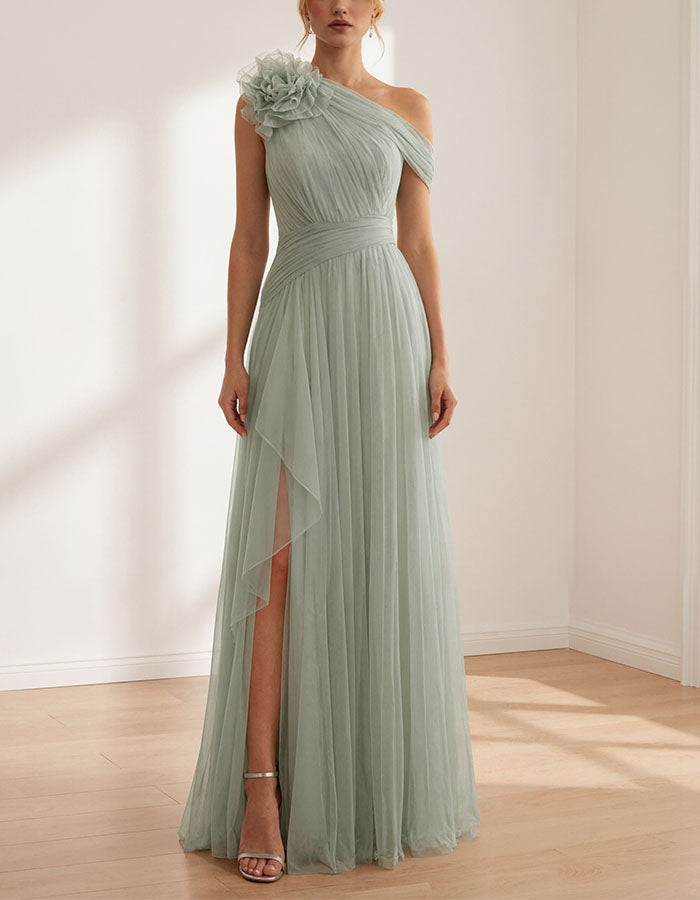 Sage Green One-Shoulder 3D Floral Tulle Maxi Dress