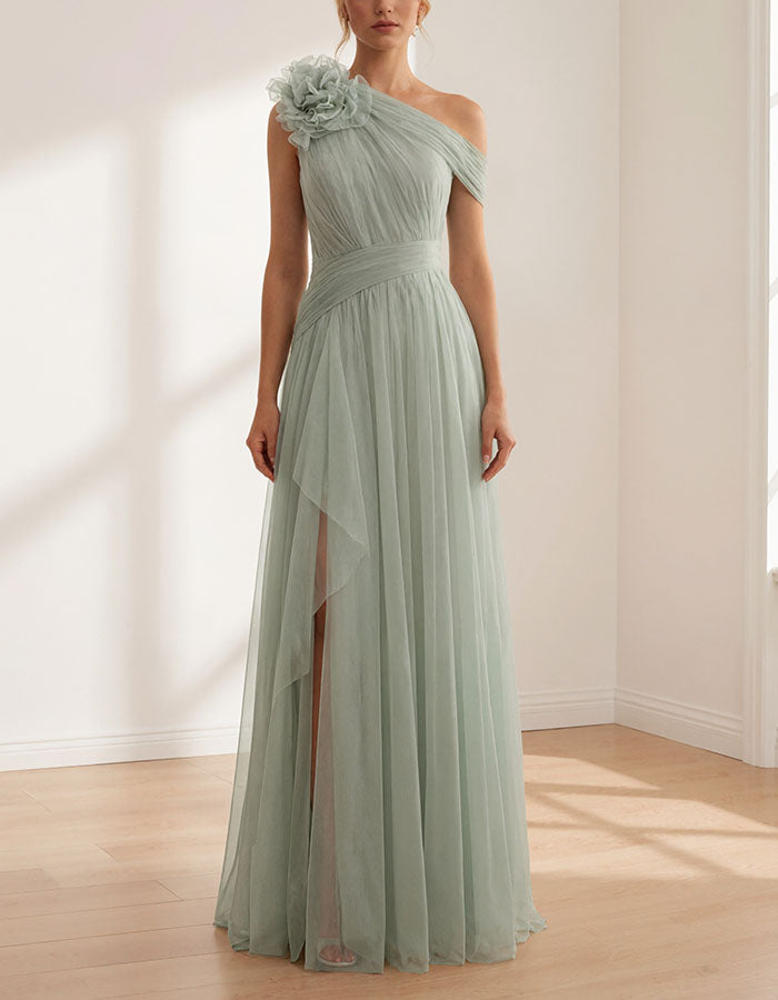 Sage Green One-Shoulder 3D Floral Tulle Maxi Dress