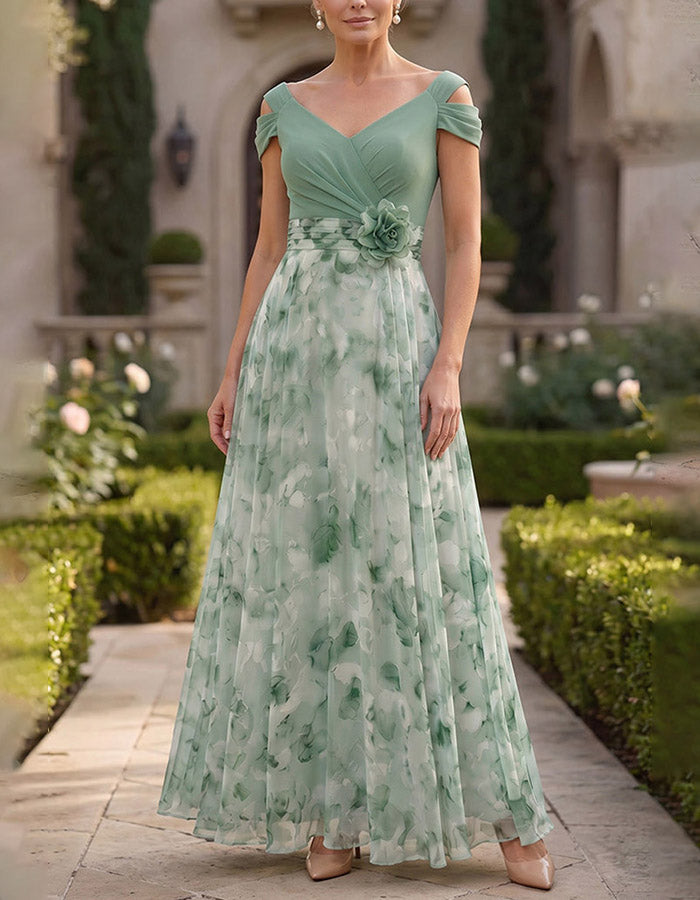 Sage Green Cold Shoulder V-Neck Watercolor Floral Chiffon A-Line Maxi Dress
