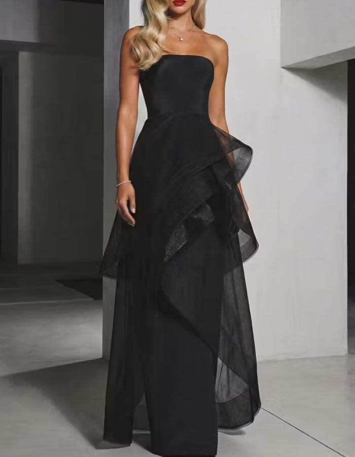 Black Strapless Asymmetrical Tulle Maxi Dress
