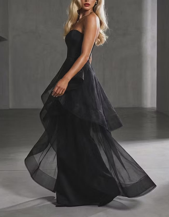 Black Strapless Asymmetrical Tulle Maxi Dress