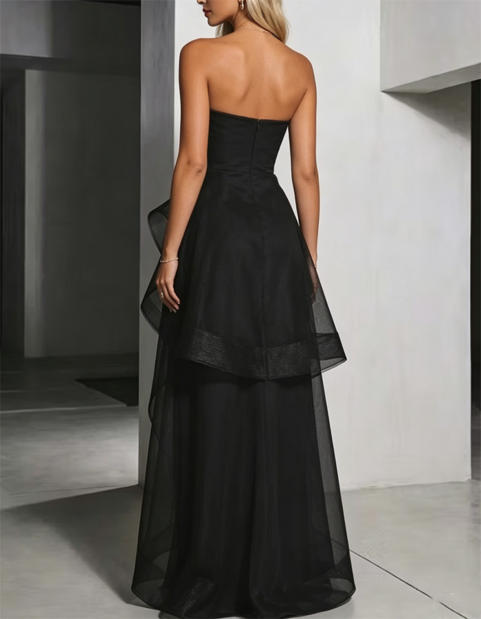 Black Strapless Asymmetrical Tulle Maxi Dress