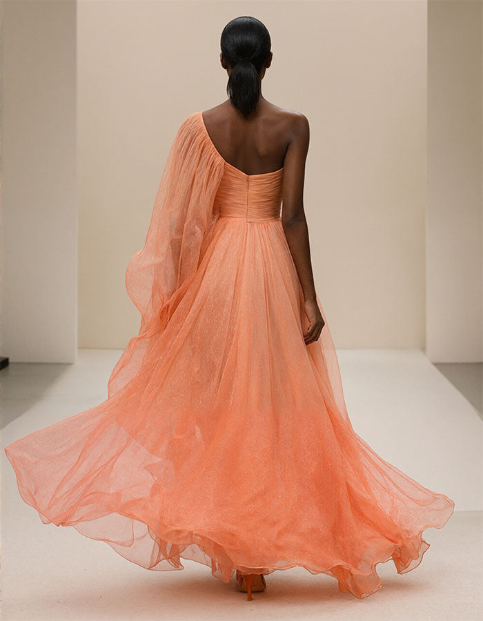 Orange One Shoulder Shawl Sleeve Chiffon Maxi Dress
