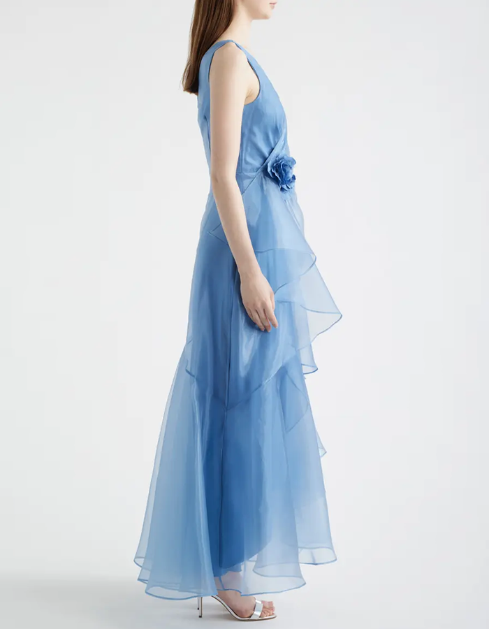 Sky-blue Sleeveless V-neck Wrap-style Organza Maxi Dress