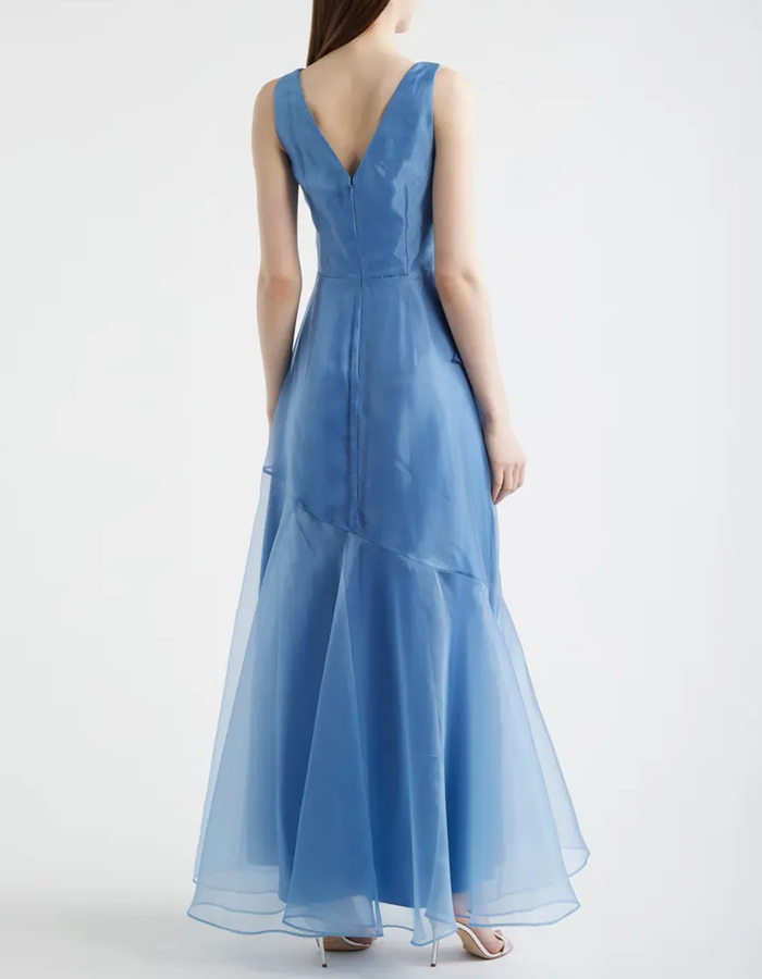 Sky-blue Sleeveless V-neck Wrap-style Organza Maxi Dress
