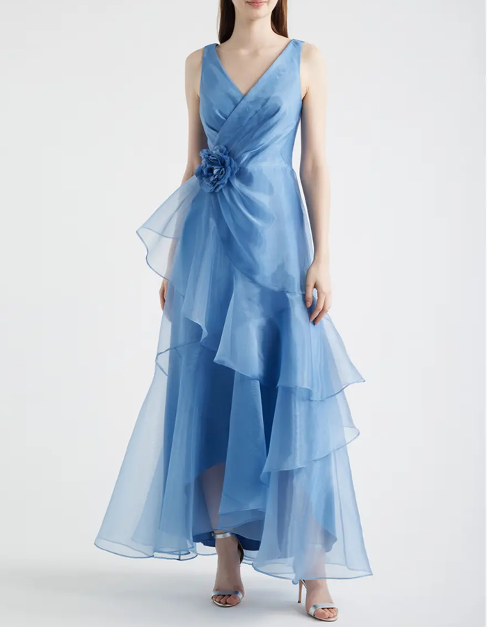 Sky-blue Sleeveless V-neck Wrap-style Organza Maxi Dress