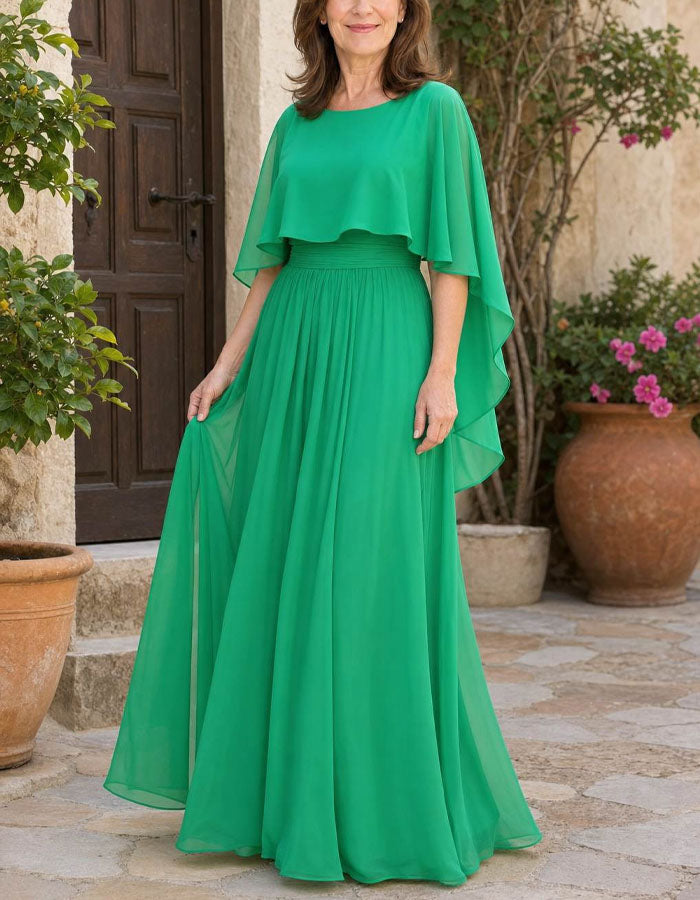 Solid Color Round Neck Shawl With Ruffled Sleeves Chiffon Maxi Dress