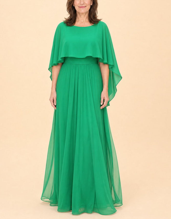 Solid Color Round Neck Shawl With Ruffled Sleeves Chiffon Maxi Dress