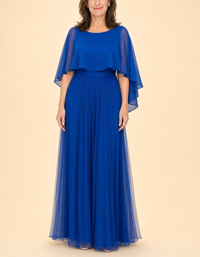 Solid Color Round Neck Shawl With Ruffled Sleeves Chiffon Maxi Dress