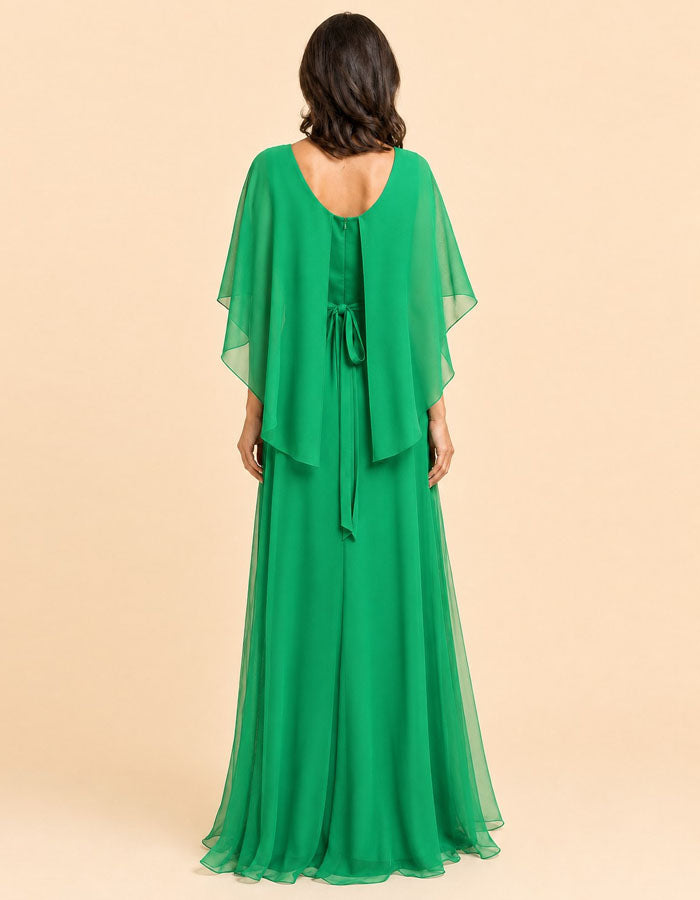 Solid Color Round Neck Shawl With Ruffled Sleeves Chiffon Maxi Dress