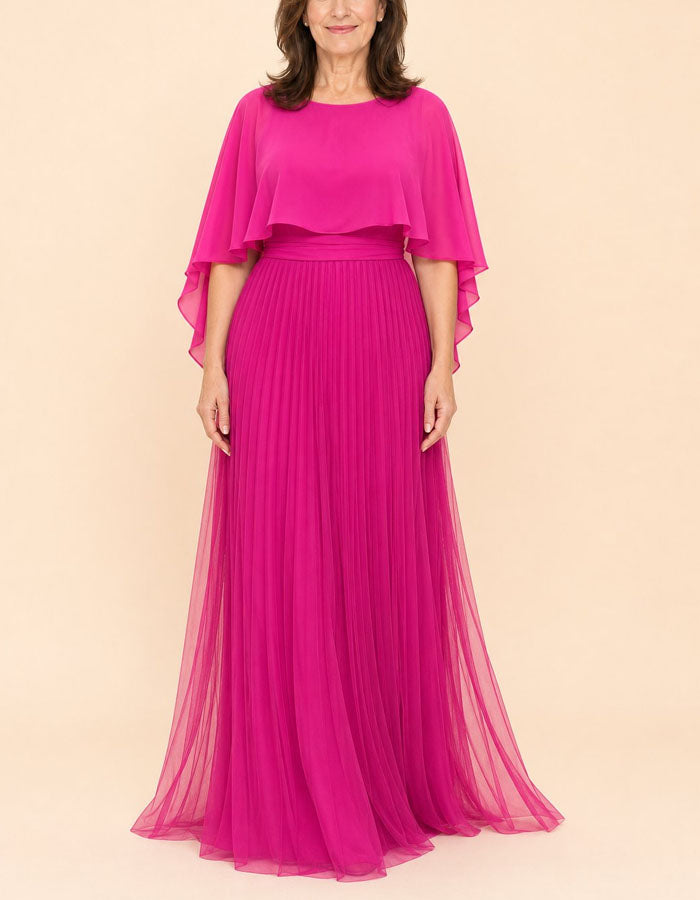 Solid Color Round Neck Shawl With Ruffled Sleeves Chiffon Maxi Dress