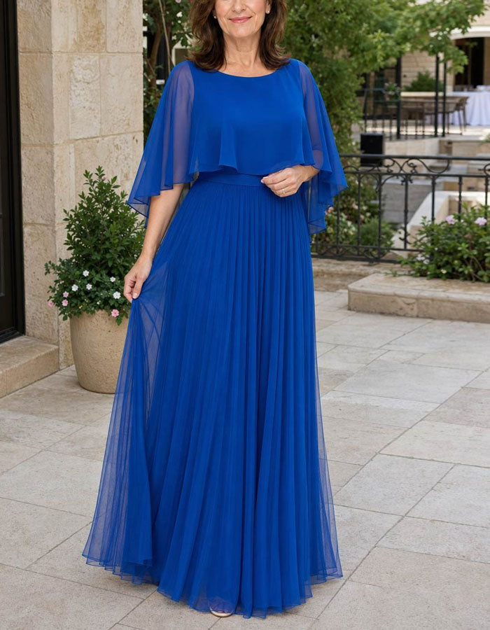 Solid Color Round Neck Shawl With Ruffled Sleeves Chiffon Maxi Dress