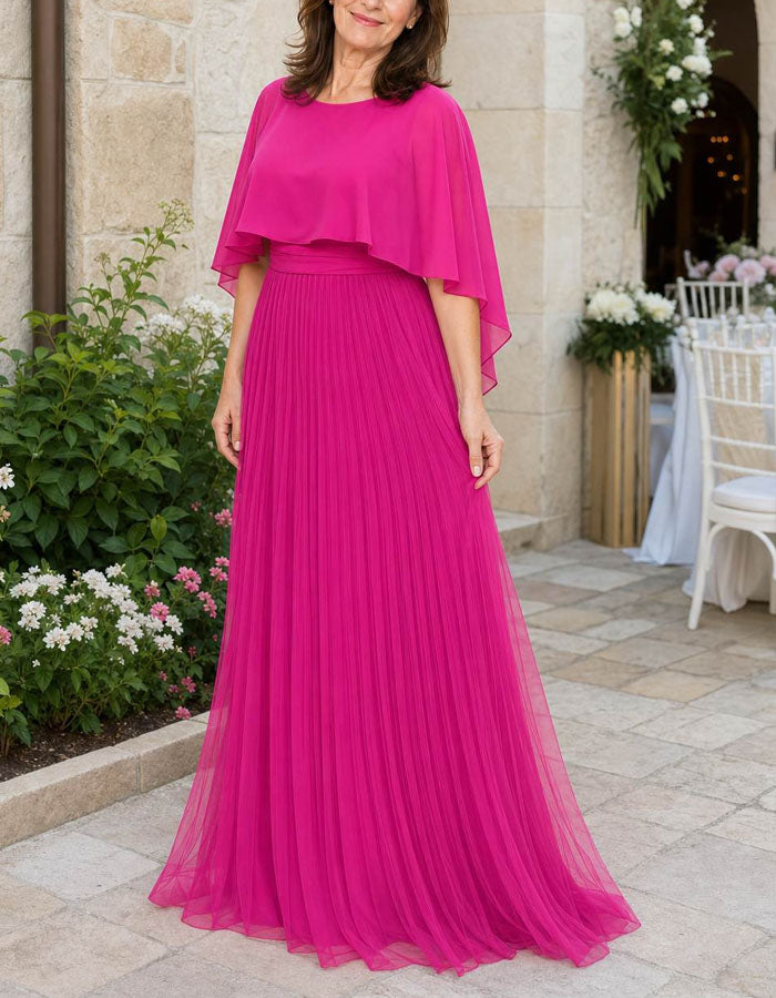 Solid Color Round Neck Shawl With Ruffled Sleeves Chiffon Maxi Dress
