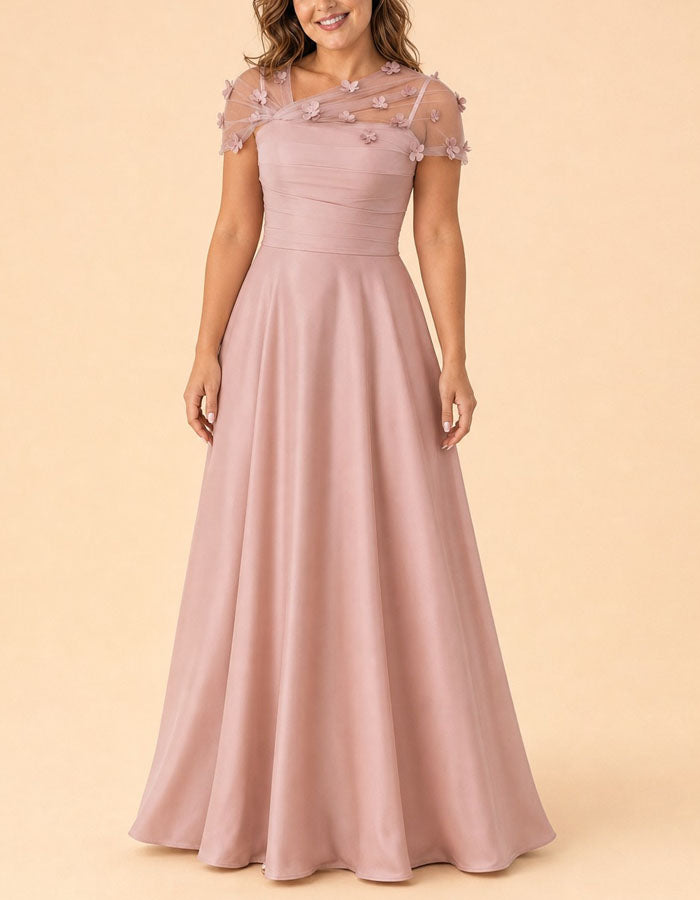 Solid Color Asymmetrical Mesh Floral Satin Maxi Dress