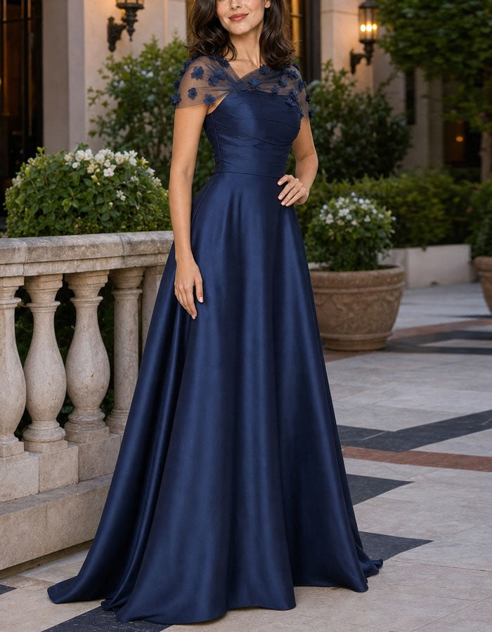 Solid Color Asymmetrical Mesh Floral Satin Maxi Dress